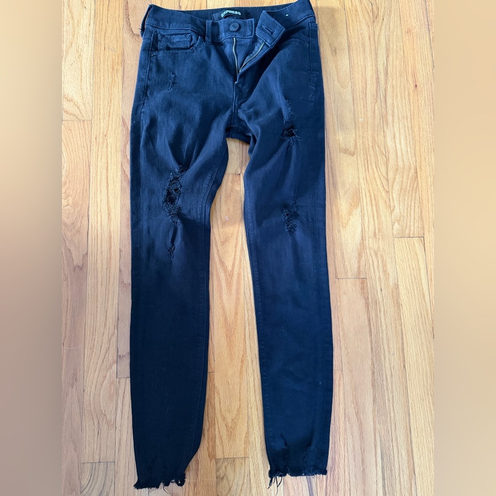 Express Distressed Ankle Black Jean Leggings Mid Rise with Stretch 2R